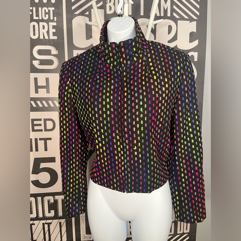 Vintage Rainbow Handwoven Silk Cropped Funnel Neck Zip Blazer-Jacket